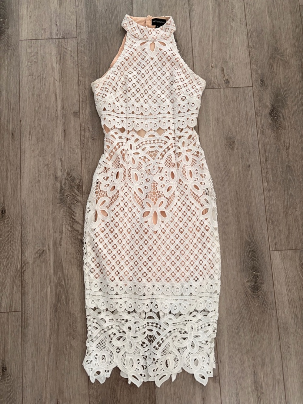 PrettyLittleThing White Lace High-Neck Midi Dress